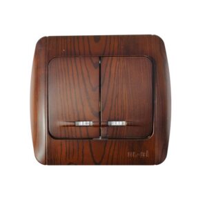 Διπλός διακόπτης με φως ELBI Zirve Woodline μαόνι 10A 230V, για κρυφή εγκατάσταση, κομψός σχεδιασμός και αξιόπιστη λειτουργία.