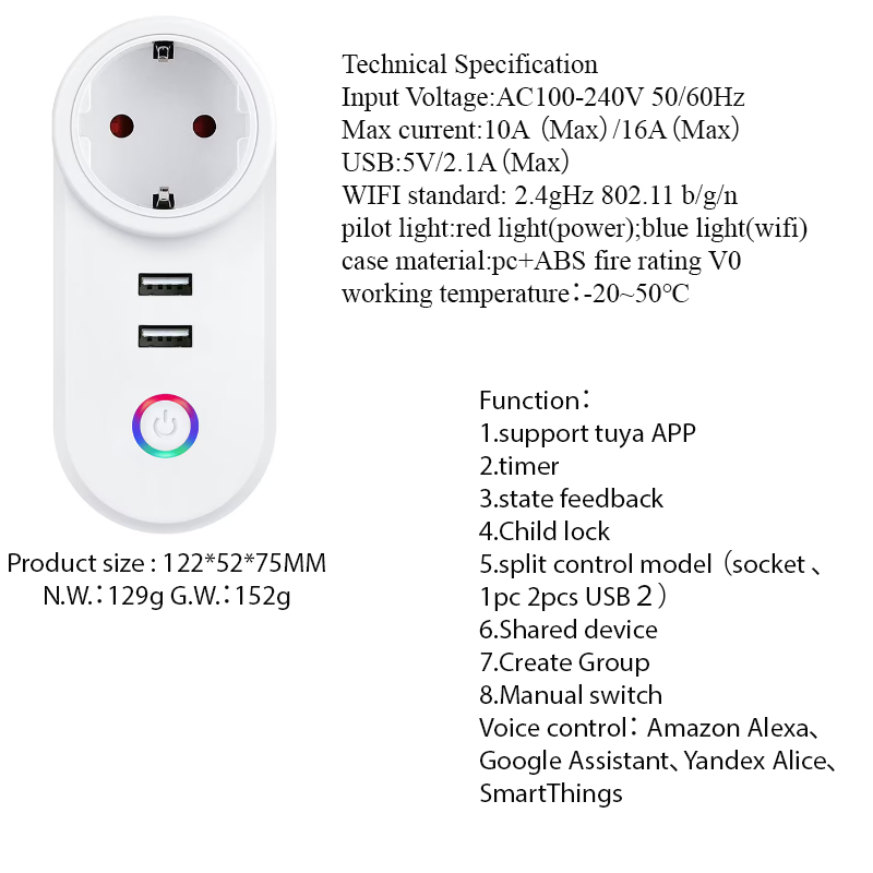 Τεχνικά δεδομένα Έξυπνη πρίζα 16A με 2xUSB 5V 2.1A Wi-Fi