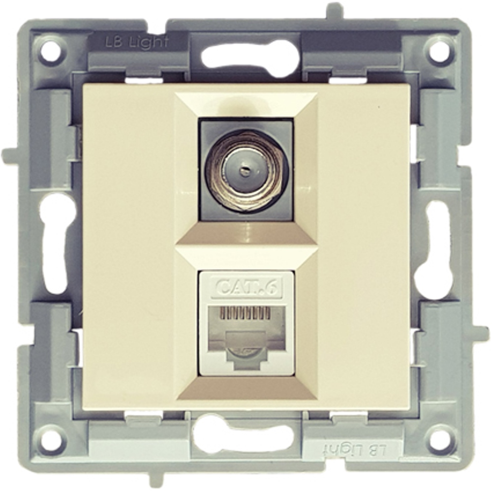 Πριζα τηλεορασης και δικτυου RJ45 Cat.6 μοναδα μηχανισμου και καλυμμα χωρις πλαισιο κρεμα LB Light.